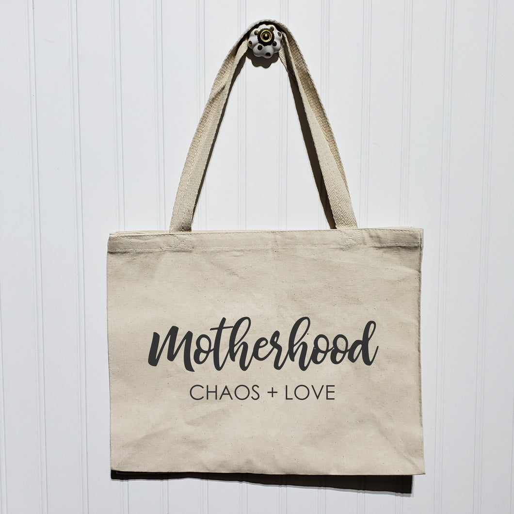 Motherhood Tote Bag - Chaos and Love - Heavy Canvas Totebag - Gift for Mom - Mother's Day - Large Wide Shoulder Bag