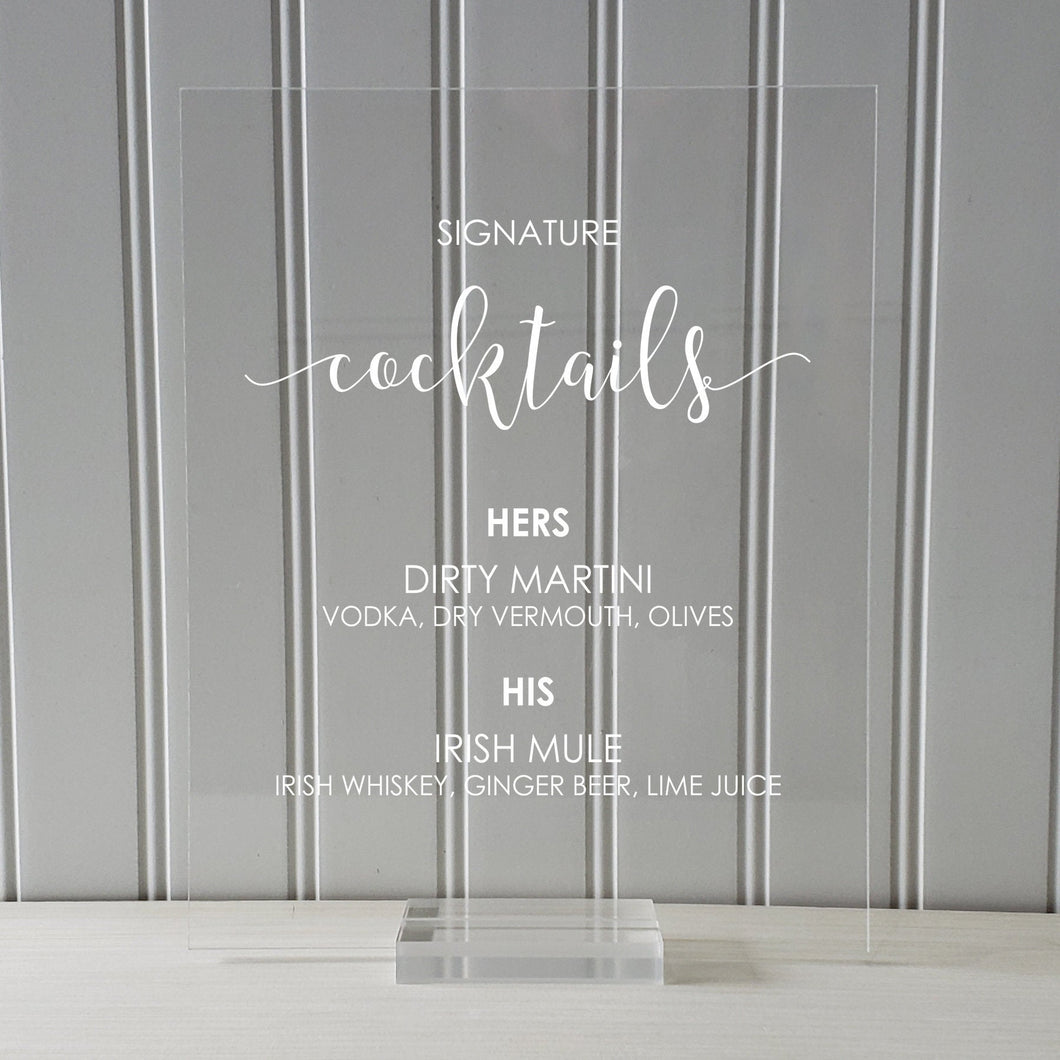 Signature Cocktails Bar Menu Sign - Wedding Reception - Clear Transparent Acrylic Table Stand Decor Bridal Dinner Alcohol Plaque Custom