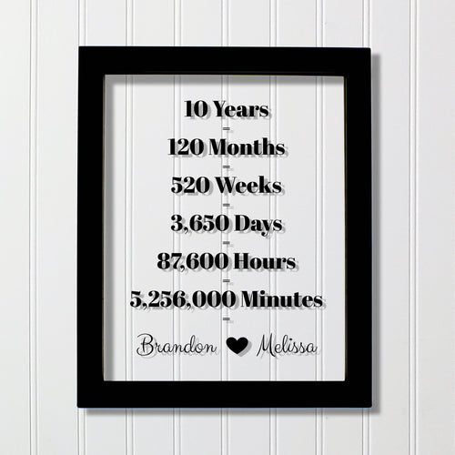10 Year Anniversary Frame - Custom Names - Floating Frame - Anniversary Gift - Ten Years Anniversary - Months Weeks Days Hours Minutes