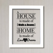 A house is made of walls and beams but a home is made of love and dreams - Floating Quote Housewarming Wall Hanging Home Sign Plaque Acrylic