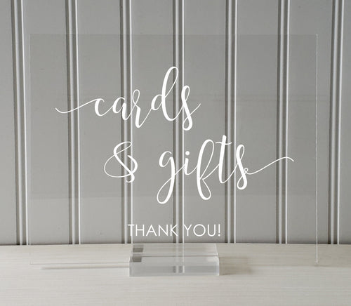 Cards and Gifts Sign - Wedding Gift Table - Plaque - Clear Transparent Acrylic - Table Top Stand Party Baby Bridal Shower Present Thank You