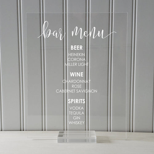 Bar Menu Sign - Wedding Reception - Clear Transparent Acrylic Table Stand Decor Party Bridal Shower Banquet Dinner Cocktails Alcohol Plaque
