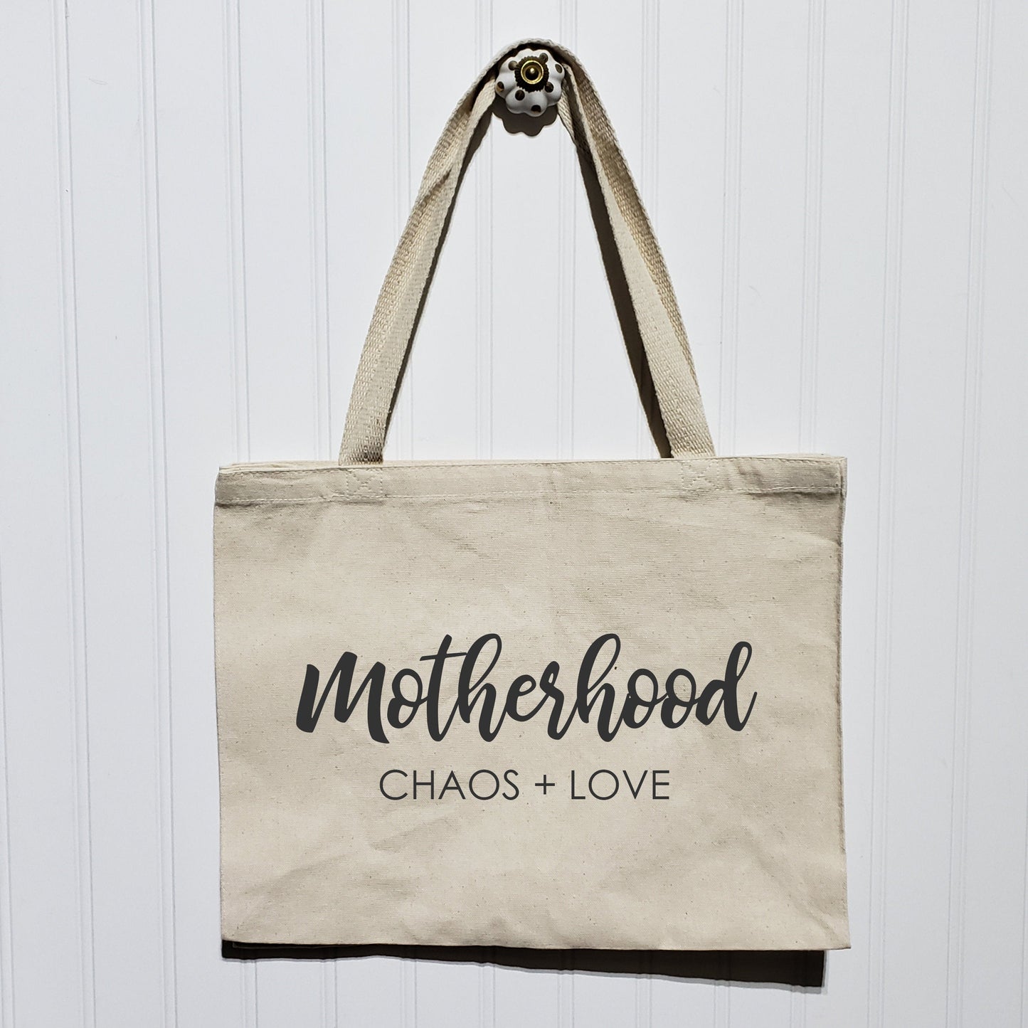 Motherhood Tote Bag - Chaos and Love - Heavy Canvas Totebag - Gift for Mom - Mother's Day - Large Wide Shoulder Bag