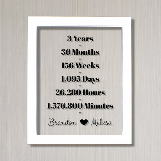 3 Year Anniversary Frame - Custom Names - Floating Frame - Anniversary Gift - Three Years Anniversary - Months Weeks Days Hours Minutes
