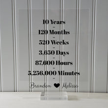 10 Year Anniversary Frame - Custom Names - Floating Frame - Anniversary Gift - Ten Years Anniversary - Months Weeks Days Hours Minutes