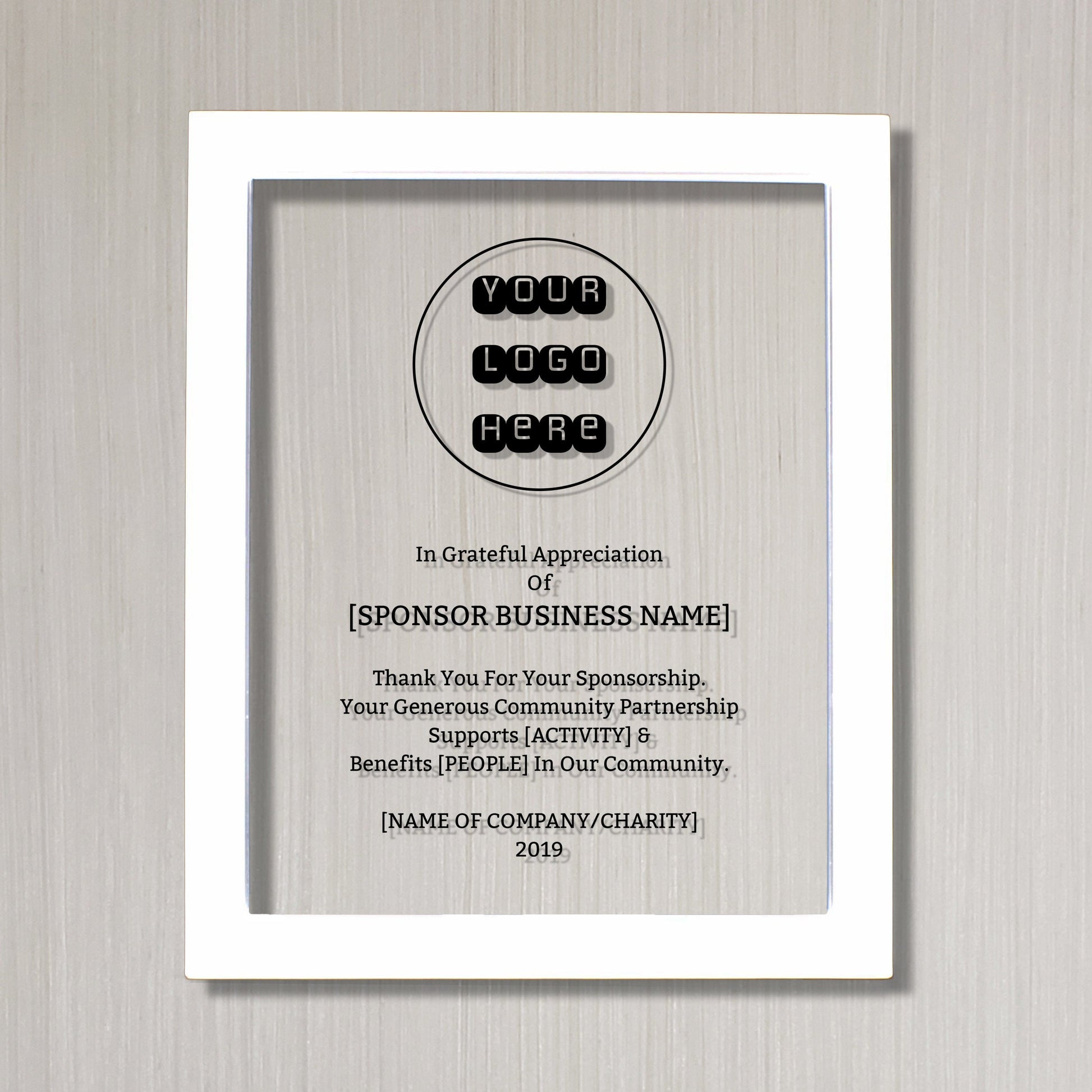 Sponsor Recognition - Donor - Floating Award Plaque - Framed - Thank You For Your Sponsorship - Contribution Appreciation Backer