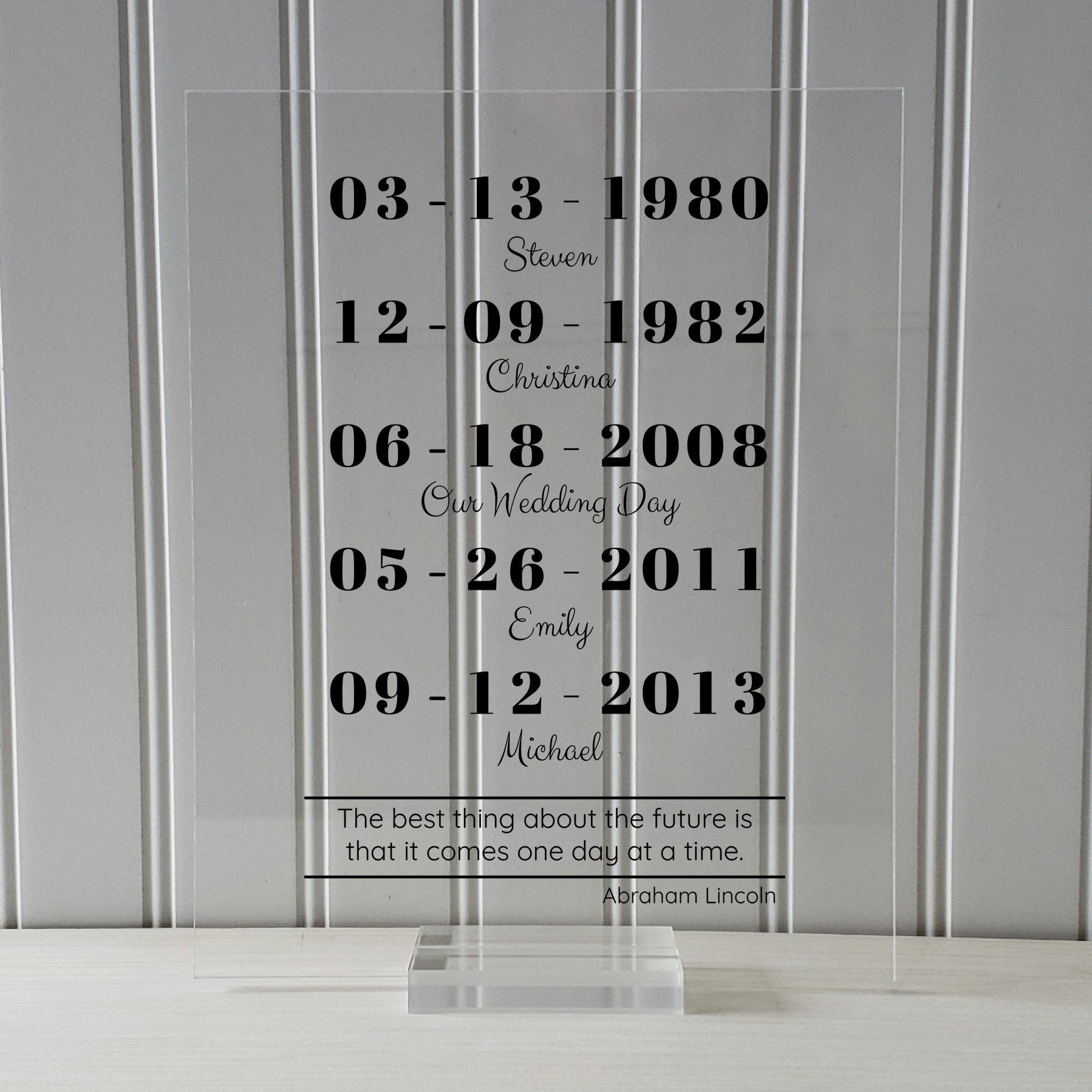 Special Dates - Mother's Day - Custom Floating Quote - Anniversary Gift one day at a time Abraham Lincoln - Parents Mom Dad Father Valentine