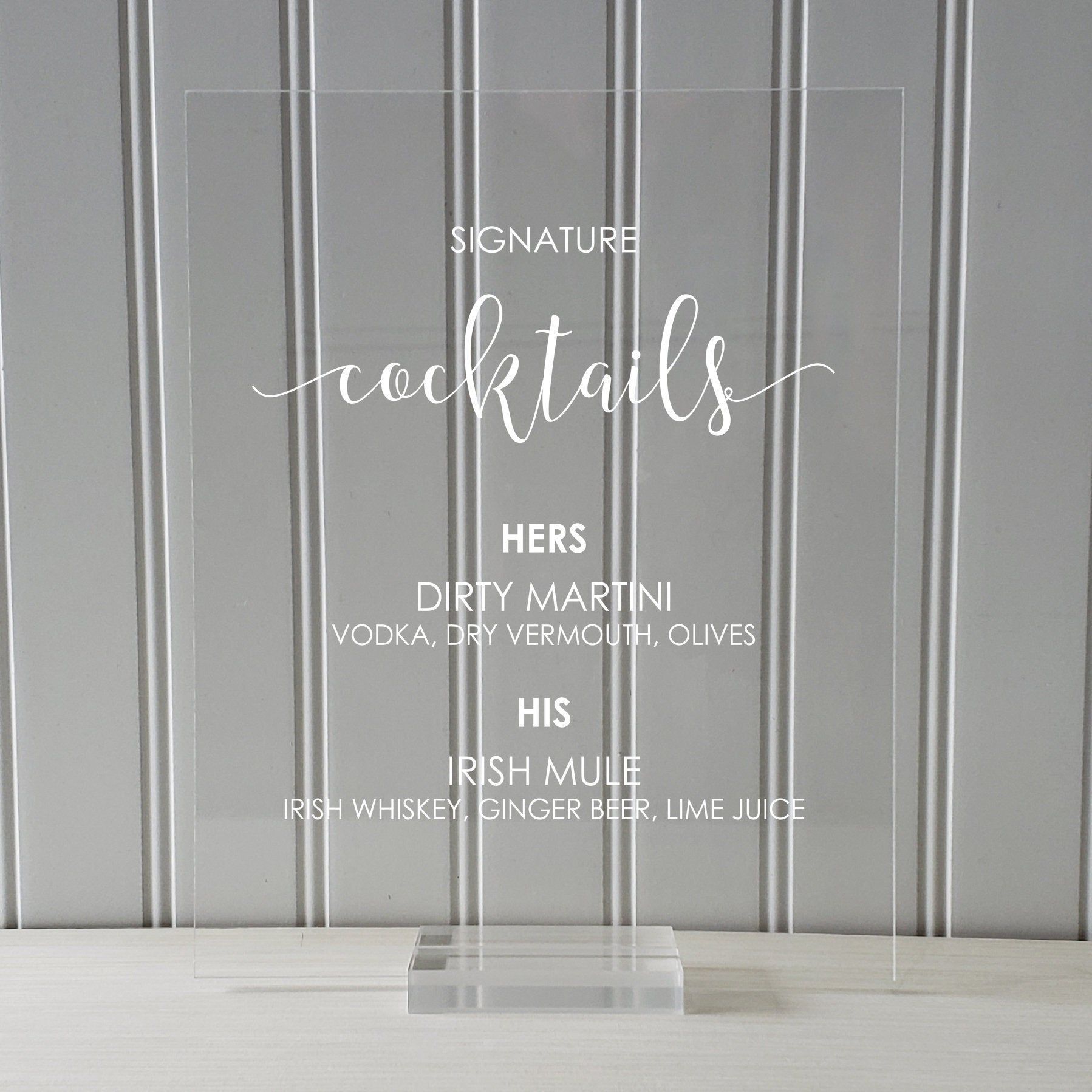 Signature Cocktails Bar Menu Sign - Wedding Reception - Clear Transparent Acrylic Table Stand Decor Bridal Dinner Alcohol Plaque Custom