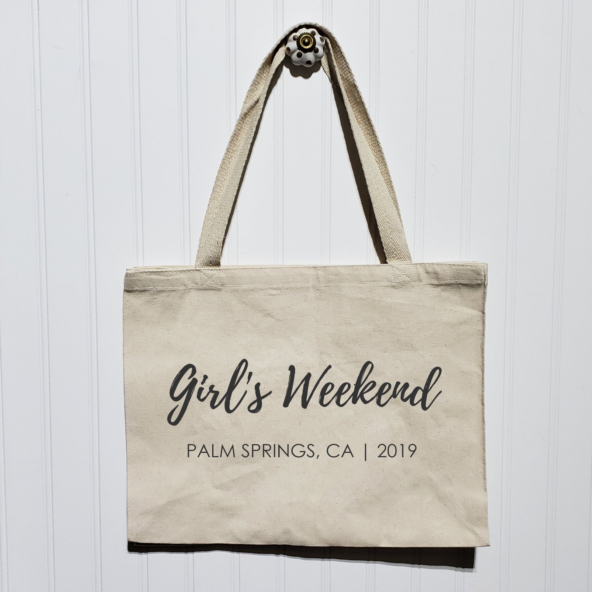 Girl's Weekend Tote Bag - Heavy Canvas Totebag - Custom Location and Year - Friend's Party Trip Personalized - Large Wide Shoulder Bag