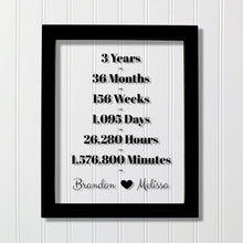 3 Year Anniversary Frame - Custom Names - Floating Frame - Anniversary Gift - Three Years Anniversary - Months Weeks Days Hours Minutes