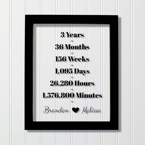 3 Year Anniversary Frame - Custom Names - Floating Frame - Anniversary Gift - Three Years Anniversary - Months Weeks Days Hours Minutes