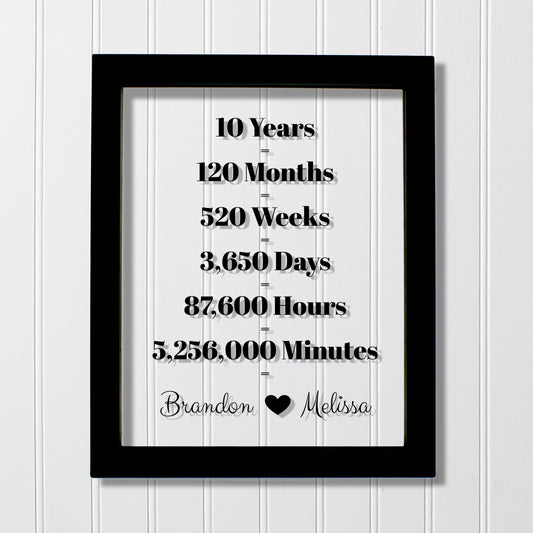 10 Year Anniversary Frame - Custom Names - Floating Frame - Anniversary Gift - Ten Years Anniversary - Months Weeks Days Hours Minutes