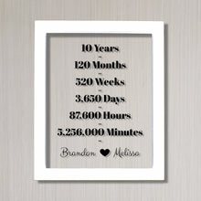 10 Year Anniversary Frame - Custom Names - Floating Frame - Anniversary Gift - Ten Years Anniversary - Months Weeks Days Hours Minutes