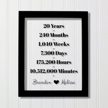 20 Year Anniversary Frame - Custom Names - Floating Frame - Anniversary Gift - Twenty Years Anniversary - Months Weeks Days Hours Minutes