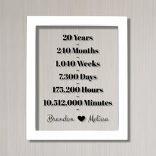 20 Year Anniversary Frame - Custom Names - Floating Frame - Anniversary Gift - Twenty Years Anniversary - Months Weeks Days Hours Minutes