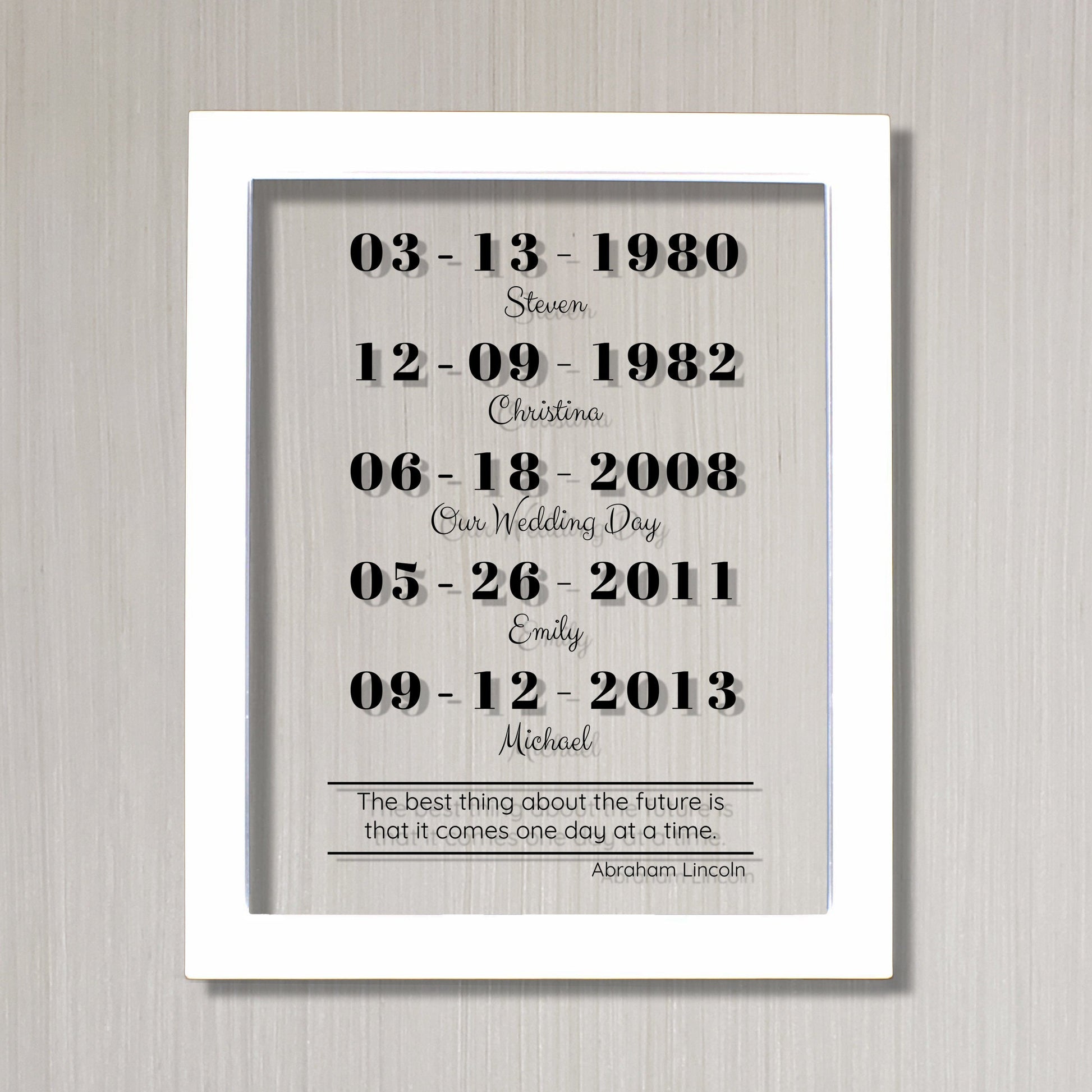 Special Dates - Mother's Day - Custom Floating Quote - Anniversary Gift one day at a time Abraham Lincoln - Parents Mom Dad Father Valentine